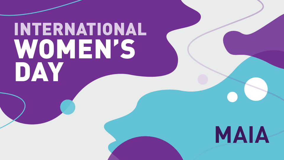 Grey background with purple and blue blobs. Text reads 'International Women's Day'